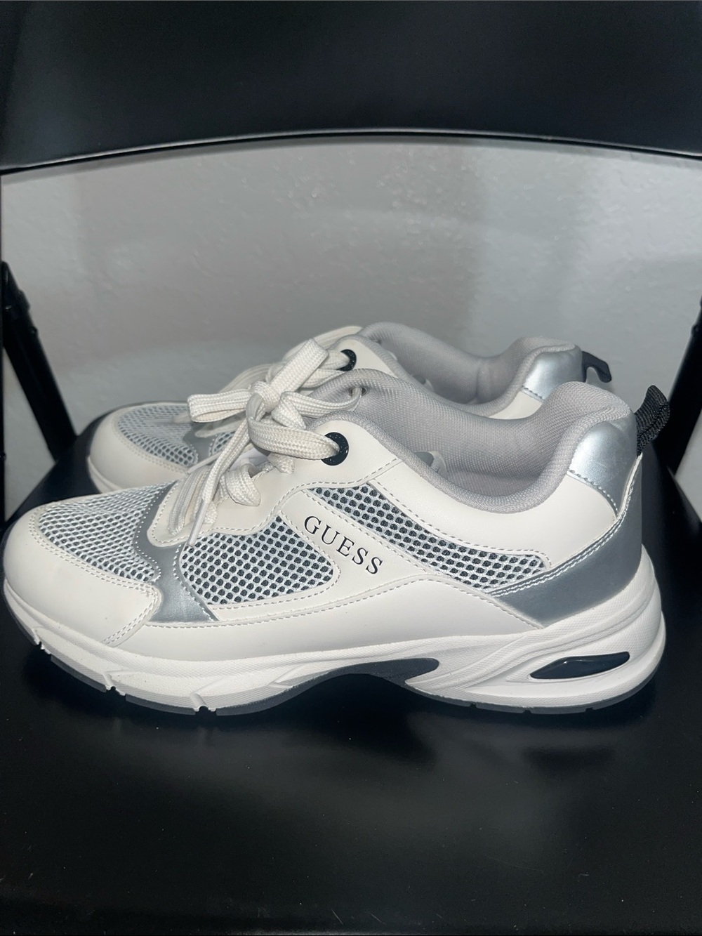 GUESS White and Silver Women's Chunky Lace-Up Sneakers